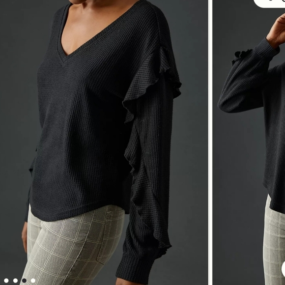Pilcro Anthropologie Black Ruffle V-Neck Top Small - Picture 10 of 11